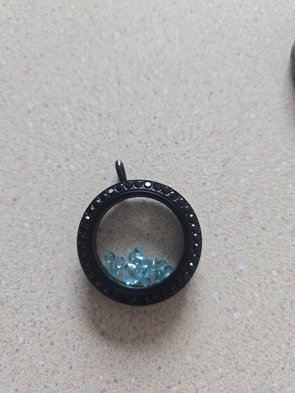 Black Floating Locket Necklace with Aquamarine Crystals